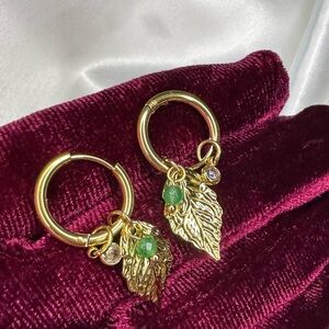 Stainless steel Gold Leaf Hoop Earrings with Green Accents